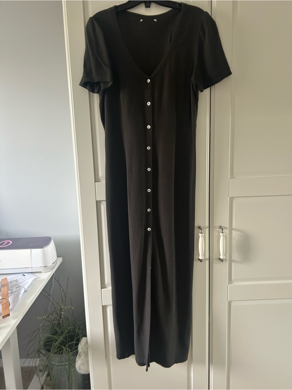 Black Button-Front V-Neck Maxi Dress
